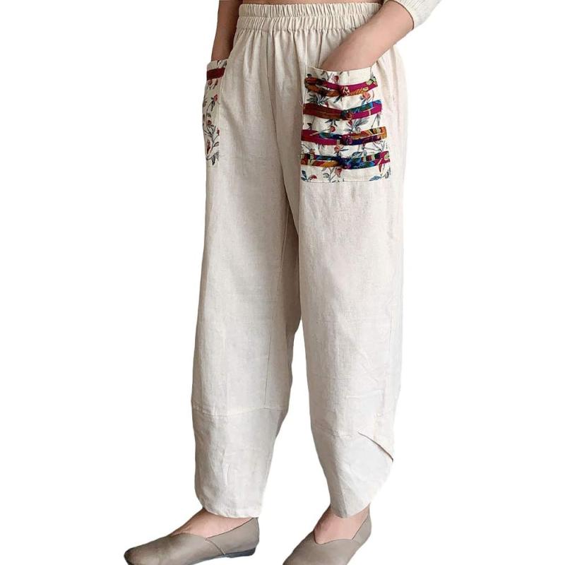 Minibee Women’s Baggy Linen Wide Leg Trousers Casual Patchwark Elastic ...