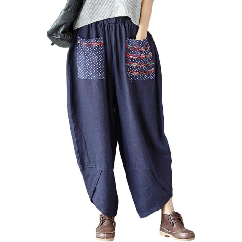 Minibee Women’s Baggy Linen Wide Leg Trousers Casual Patchwark Elastic ...