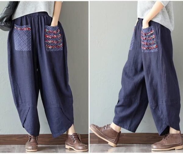 Minibee Women’s Baggy Linen Wide Leg Trousers Casual Patchwark Elastic ...